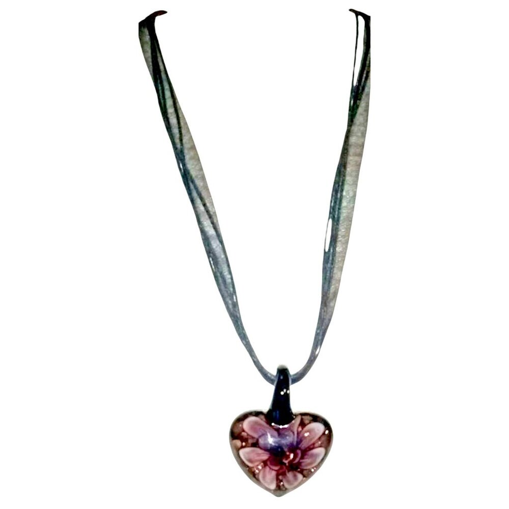 Vintage Art Glass Heart Flower Necklace Murano Style